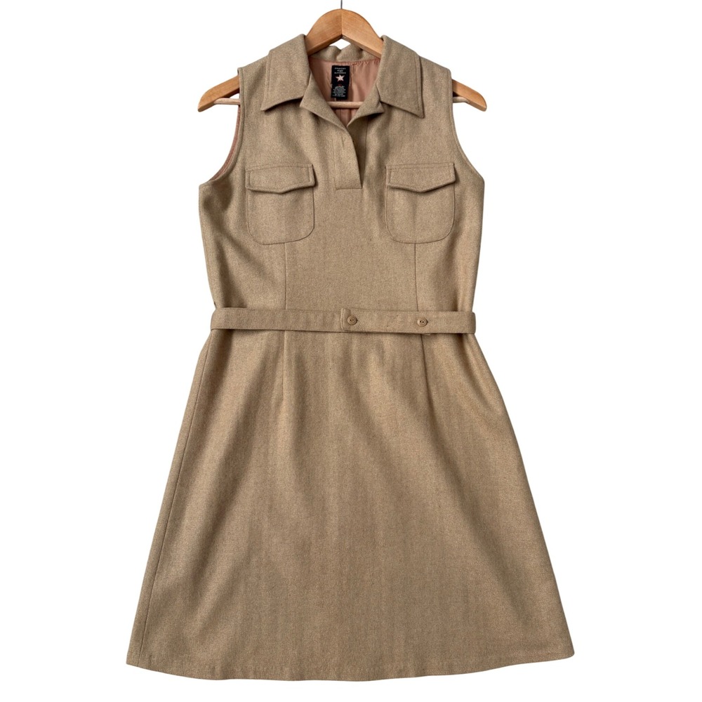 Vintage American Eagle Retro Wool Blend Sleeveless Shift Dress Camel Tan Size 6